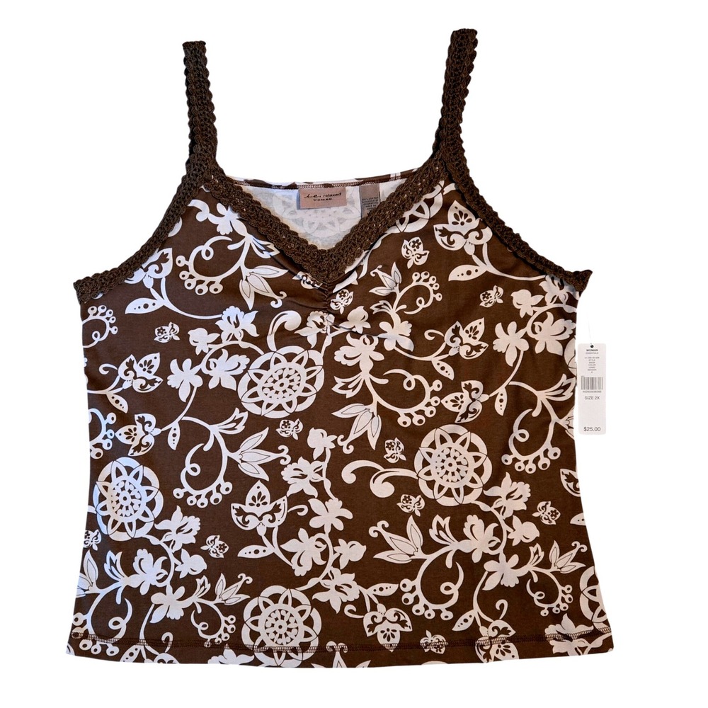 i.e. relaxed WOMAN Brown Floral Crochet Trim Cotton Cami Top Plus Size 2X NWT